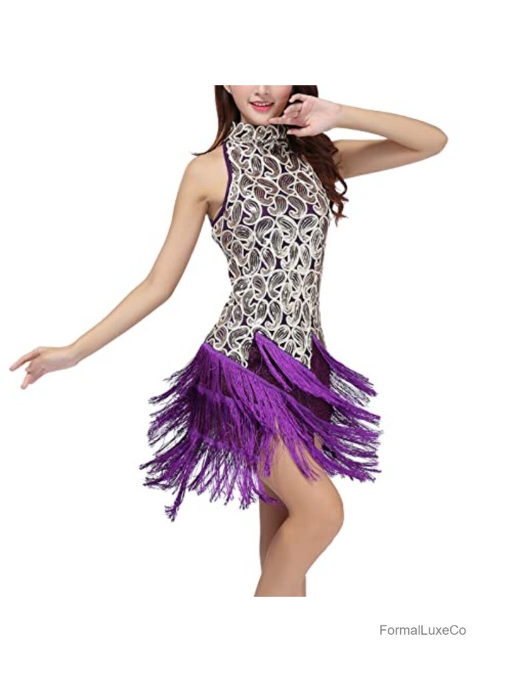 Sequin Tassel Fringe Flapper Dress Mock Neck Sleeveless Dance Mini